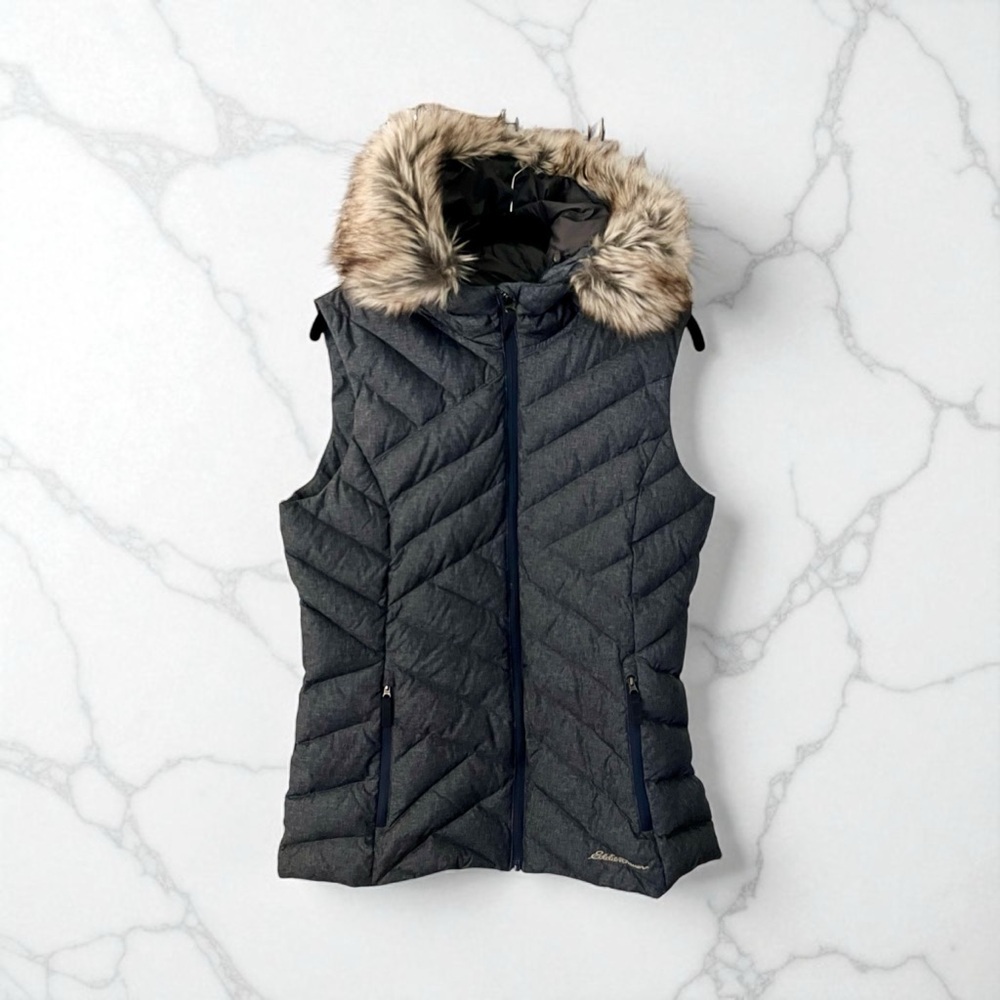 Eddie Bauer Women’s Gray -Blue Quilted Down Vest with Faux Fur Trim